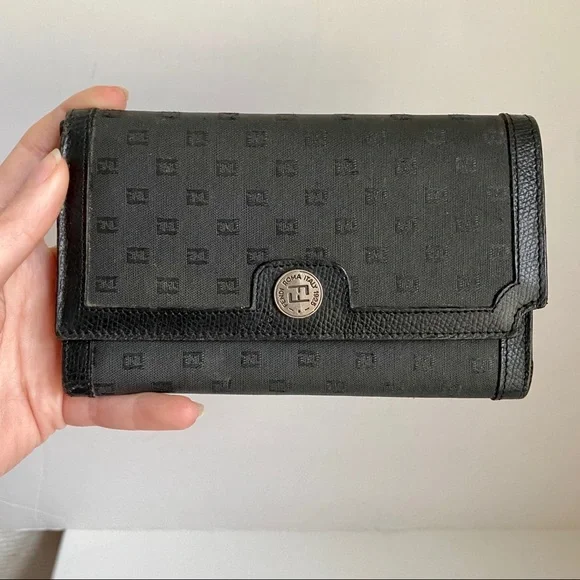 Vintage 70s Fendi Logo Print Fabric Wallet Black - Picture 8 of 8